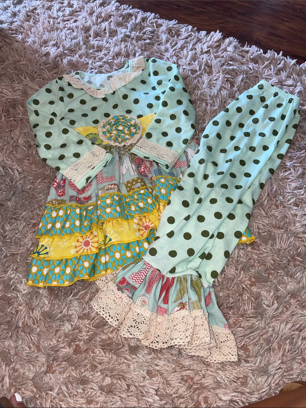 Mint Polka Dot Ruffle Top & Pants Set - Yellow Floral Accents